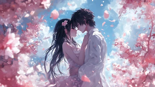 Two figures stand facing each other amid pink blossoms