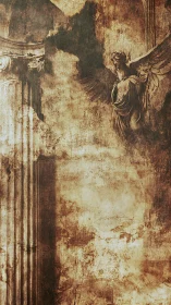 Weathered angel and ancient columns in soft sepia tones.