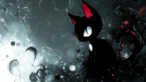 Black cartoon cat in abstract monochrome and red setting.