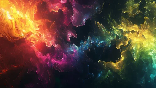 Multicolored nebula-like digital cloud structures in space.