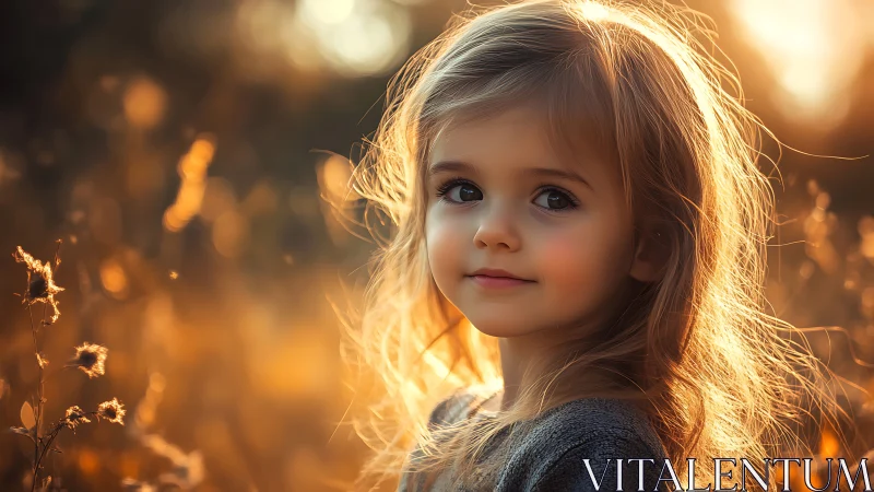 Young girl in golden hour sunlight with field background.