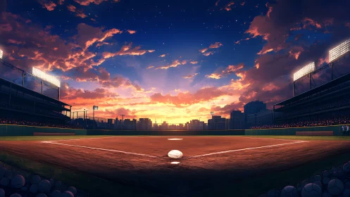 Empty baseball stadium diamond under vivid sunset sky.