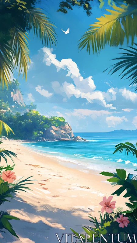 Tropical Paradise Beach: Palm-Framed Coastal Seascape with Boulder Formation