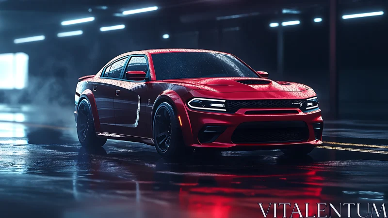 Midnight red muscle car glowing on slick city streets.