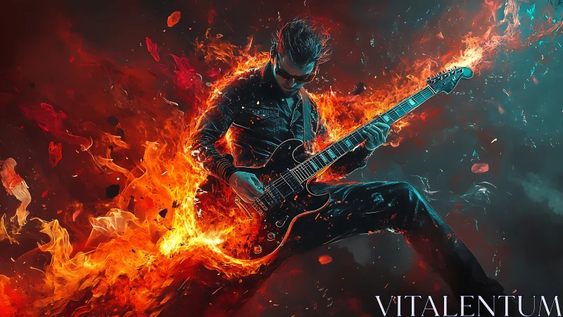 Incandescent electric guitarist in pyrokinetic motion field.