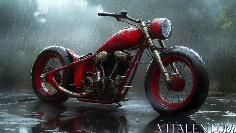 Scarlet rain-soaked chopper waits like a storm-tamed beast.