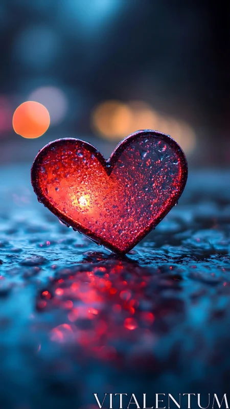 Glowing Heart Symbol Radiates Neon Light Against Blue Bokeh