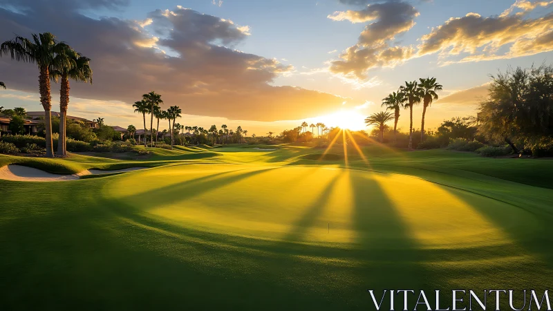 Sunlit golf green with palm trees under dramatic sunset sky