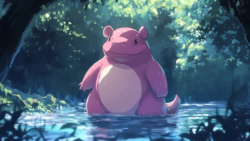 Gentle pink creature stands serene in a sunlit forest pool