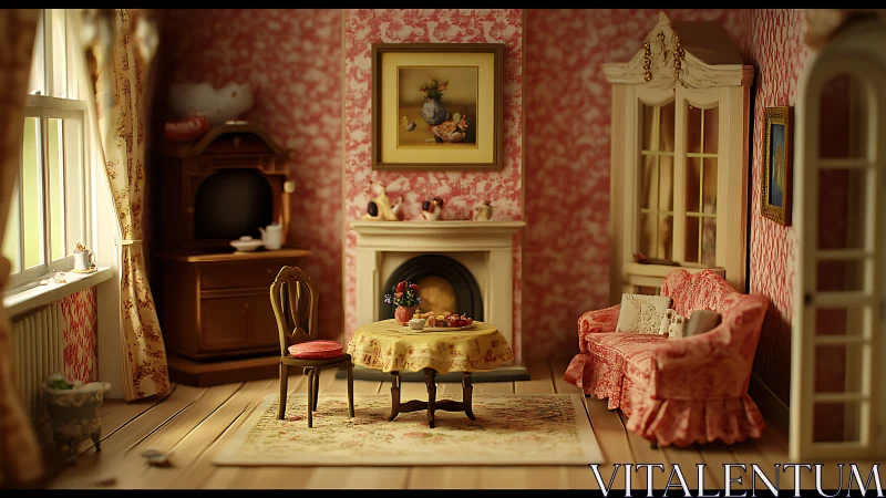 Miniature Victorian parlor glows with warm afternoon light.