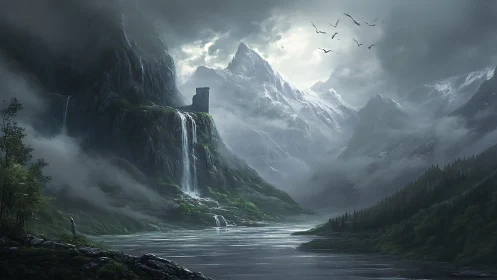 Misty mountain keep overlooks a storm-lit glacial fjord.