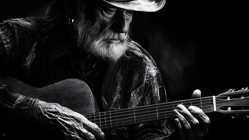Monochrome portrait of an elderly guitarist in chiaroscuro light.
