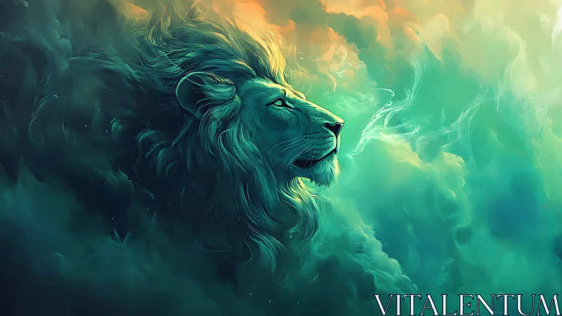 Majestic lion head emerging from swirling teal clouds.