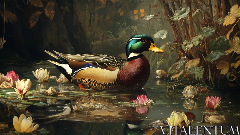 Mallard duck in calm lily pond with detailed foliage.