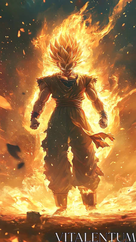 Flaming super warrior erupts amid blazing molten ground.