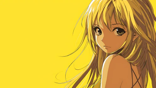 Anime portrait with minimalist yellow negative space field.