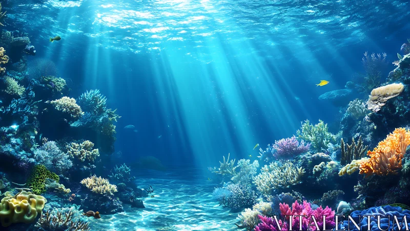 Sunlit coral reef scene shows detailed underwater landscape