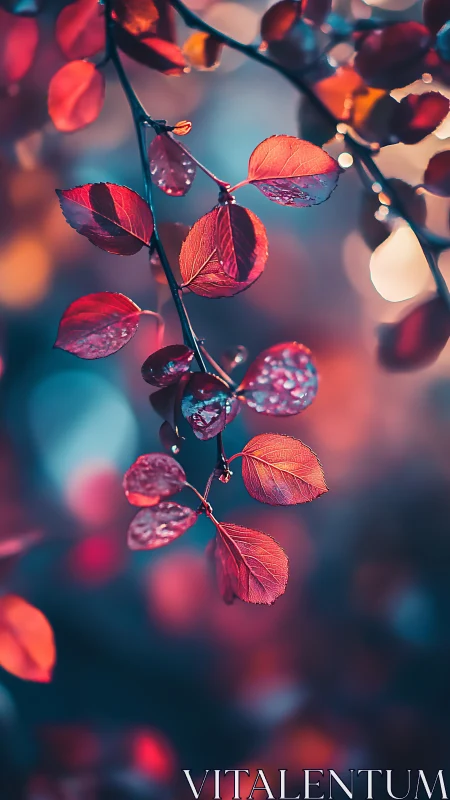 Crimson leaves glow against dreamy teal bokeh background.