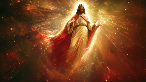 Radiant robed figure walking through swirling golden light.