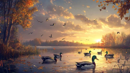 Autumn sunrise illuminates mallard flock on reflective lakescape