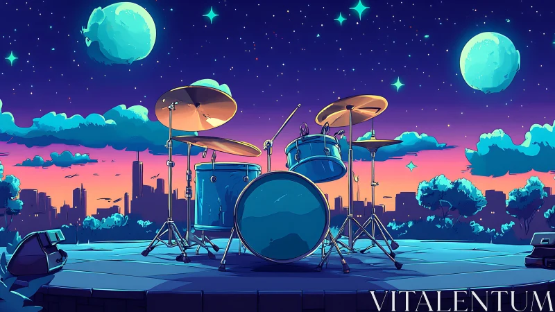 Celestial drum kit dominates a neon dusk skyline stage