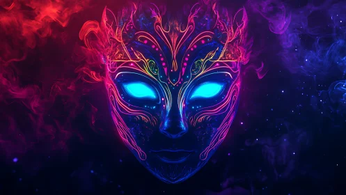 Luminous neon mask floats in swirling cosmic colored smoke