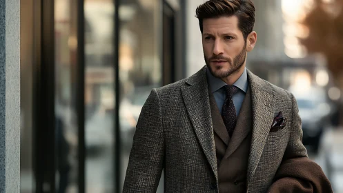 Urban portrait of tailored businessman in textured wool suit.