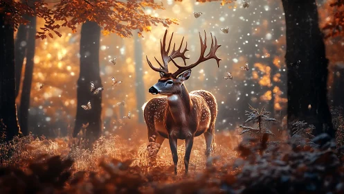 Digital painting of stag in luminous autumn forest tableau.