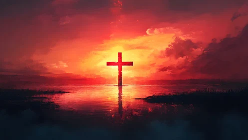 Red sunset sky over water with solitary cross silhouette.