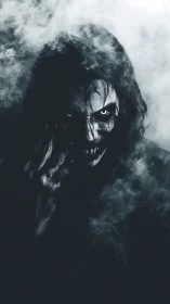 Monochrome demonic figure emerging from dense swirling smoke.