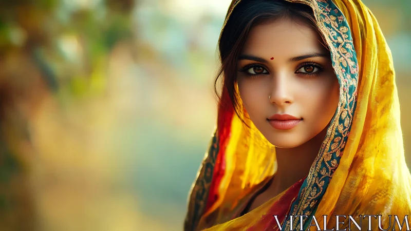 Portrait depicts young woman in yellow embroidered headscarf