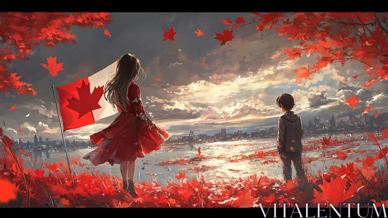 Children observing Canadian city at autumn lakeside.