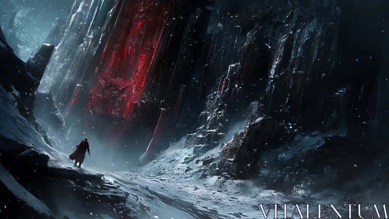 Solitary figure surveys red-illuminated structure in icy ravine