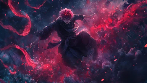 Fierce crimson warrior leaping through swirling stormfire.