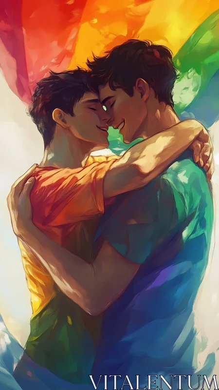 Digital Painting of Two Male Figures in Embrace with Rainbow Color Gradient Overlay