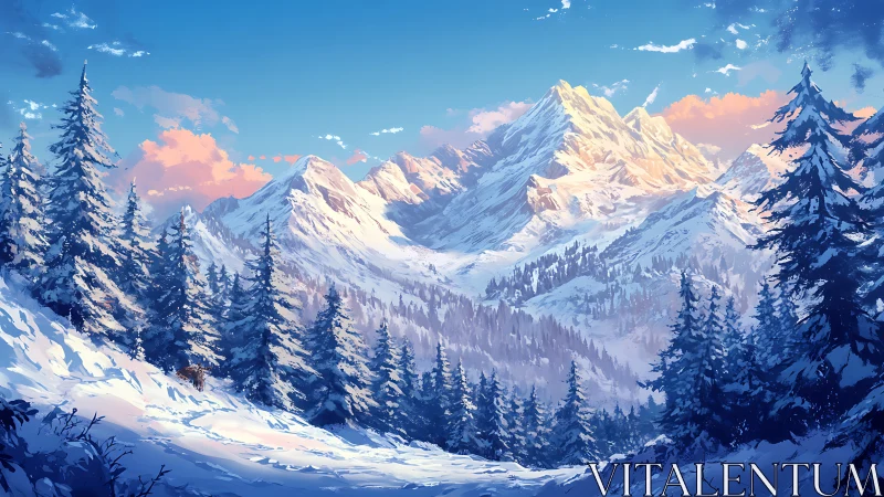 Winter mountain range under pink dawn clouds.