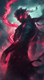 Crimson storm warrior wrapped in glowing ember shadows.