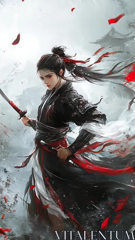 Focused female warrior in black and red samurai armor.