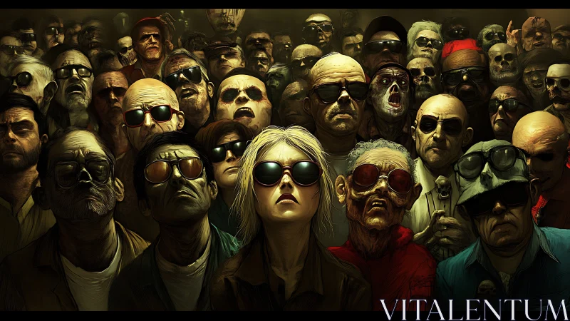 Crowd of distorted faces in sunglasses stare upward together