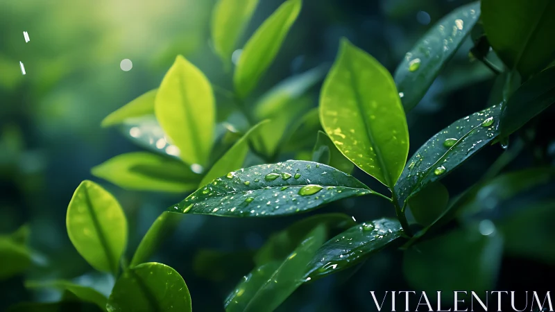 Macro study of rain-soaked foliage under soft directional backlight