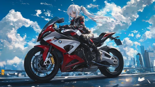 Sky-high rider with silver hair astride crimson superbike.