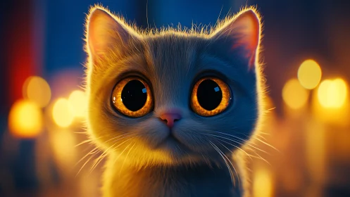 Luminous Feline Gaze with Amber Eyes Against Bokeh Night.