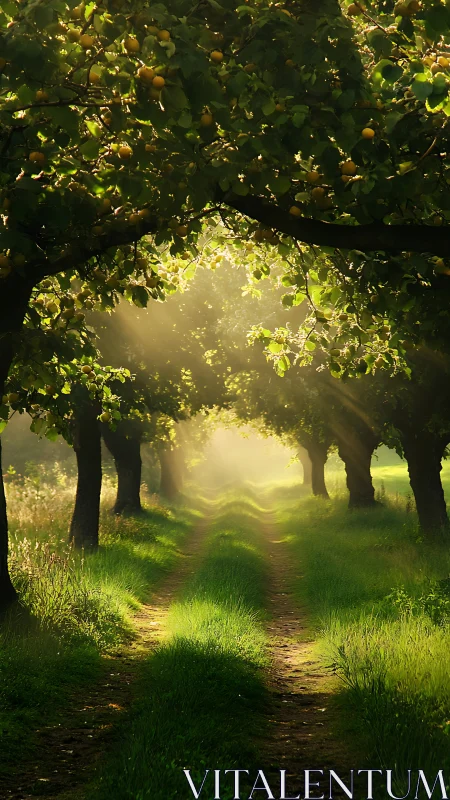 Sunlit orchard path leads through tunnel of green foliage