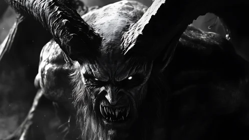 Monochrome horned demon close-up with specular rim lighting