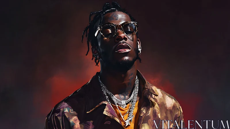 Stylized portrait of man in sunglasses with chains against dark