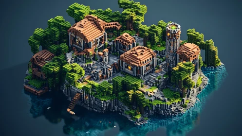 Isometric ruins complex with overgrown vegetation and crystalline water surroundings.