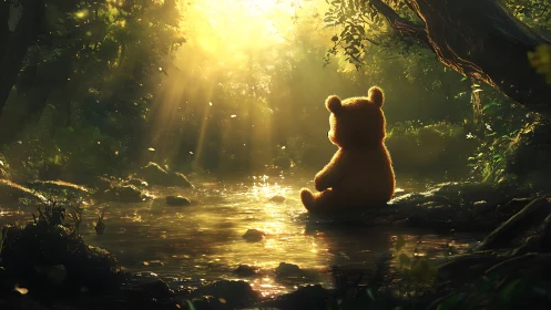 Bear plush watches golden sunrise over tranquil forest creek
