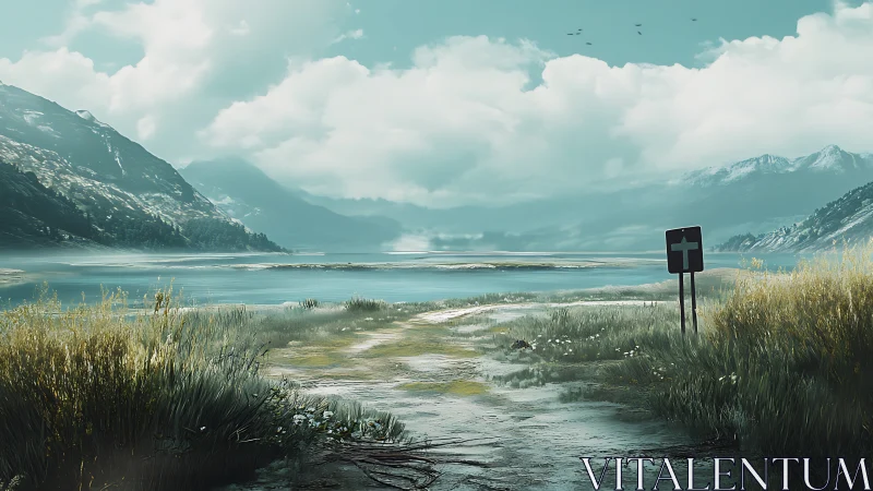 High-latitude lakeside track extends toward misted alpine basin