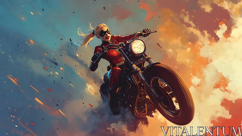 Aerodynamic masked rider on ascending motorcycle in clouds.