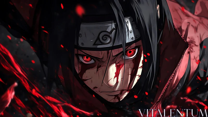 Crimson-eyed warrior lunges through a storm of burning embers.